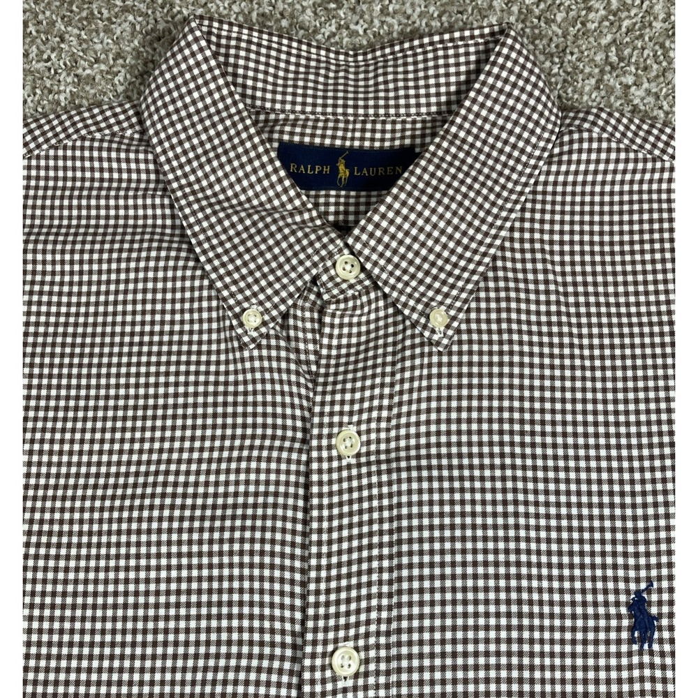 Ralph Lauren Brown  & White‎ Gingham Check Button Down Shirt Mens XL